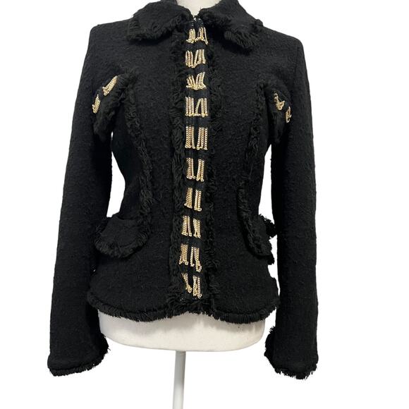 GAETANO NAVARRA Jackets & Blazers - Gaetano Navarra Blazer Womens IT 40 Small Black Boucle Fringe Chain Italy Peplum